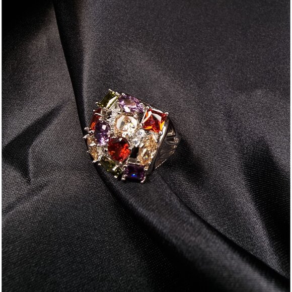 Multi-Gemstone Silver Color Statement Ring With Square & Oval Cut Stones - Picture 5 of 5